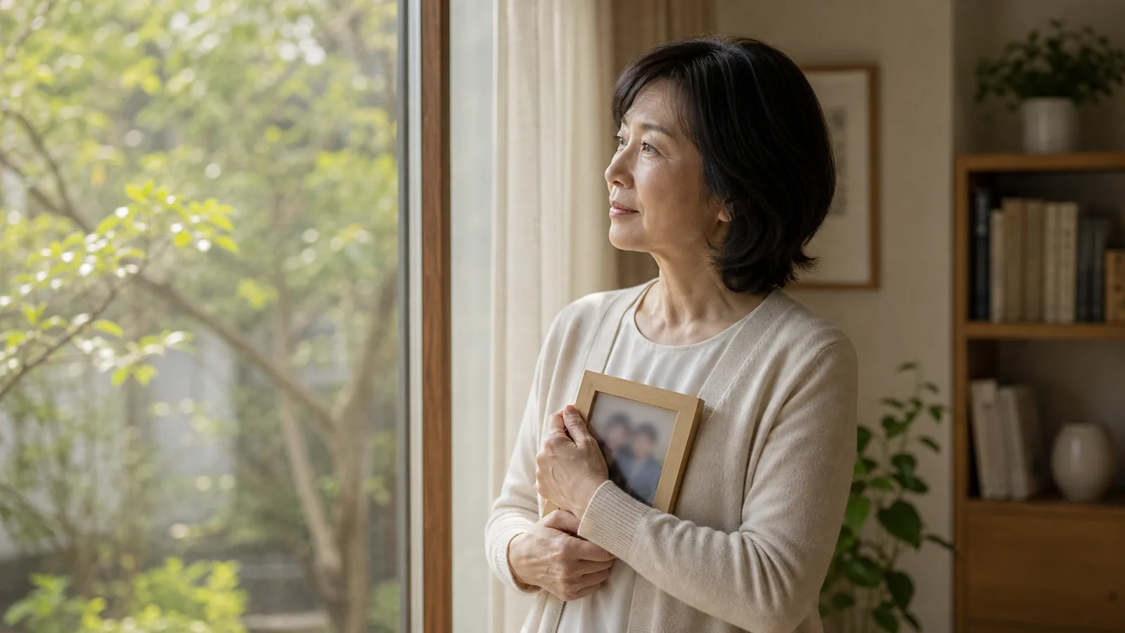 自宅の窓辺で家族写真の入った木製フレームを胸に抱え、緑の庭を眺める50代女性（海洋散骨のデメリット・お参り場所がないという問題のアイキャッチ）
