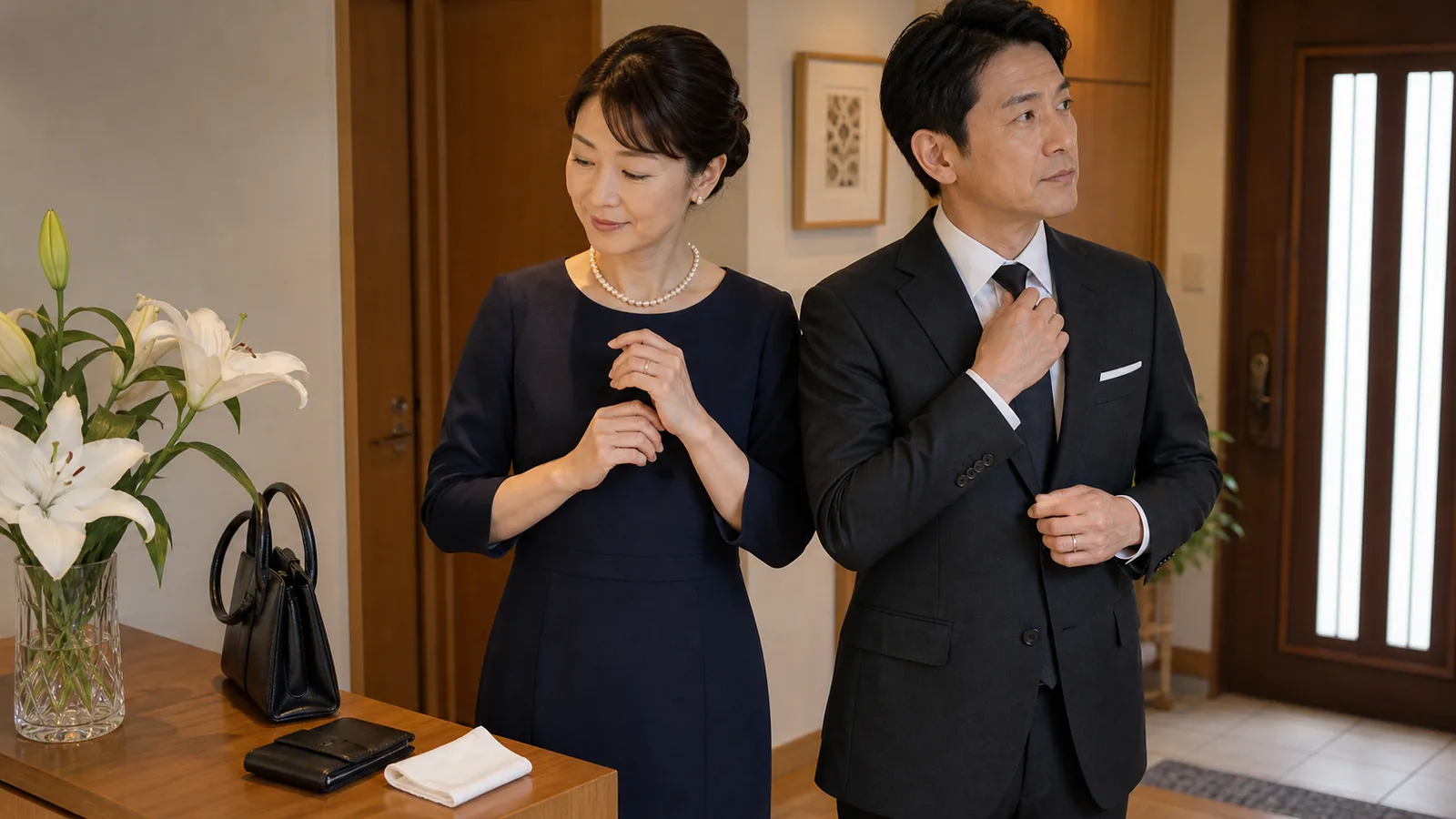 玄関で白百合を背景にネクタイと喪服を整える40代夫婦（海洋散骨の服装・持ち物のアイキャッチ）