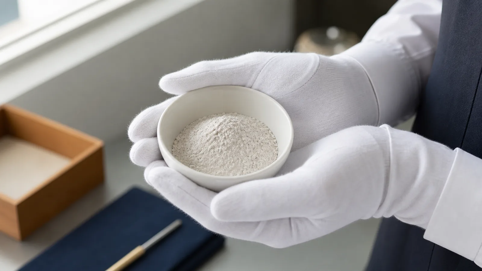 白手袋を着けたプロスタッフが小さな白い陶器ボウルに入った微細な白色粉末を捧げ持つ手元（海洋散骨のための粉骨のアイキャッチ）
