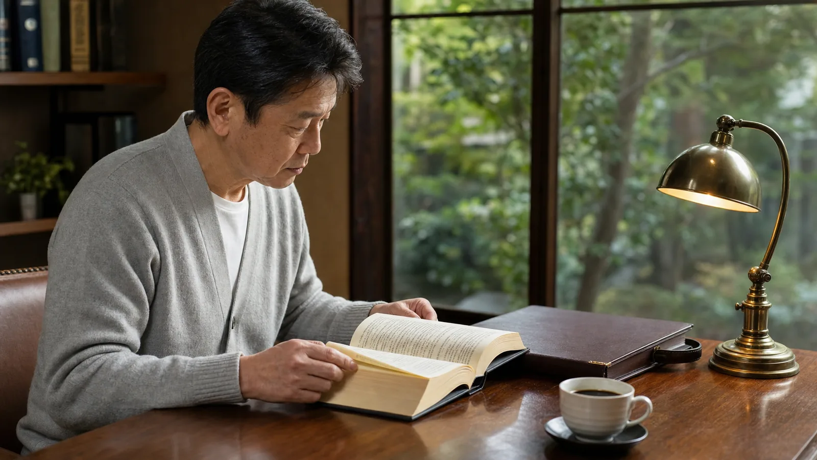 自宅書斎で真鍮ランプの灯の下、法律書を読む50代男性（海洋散骨と法律・条例解説のアイキャッチ）