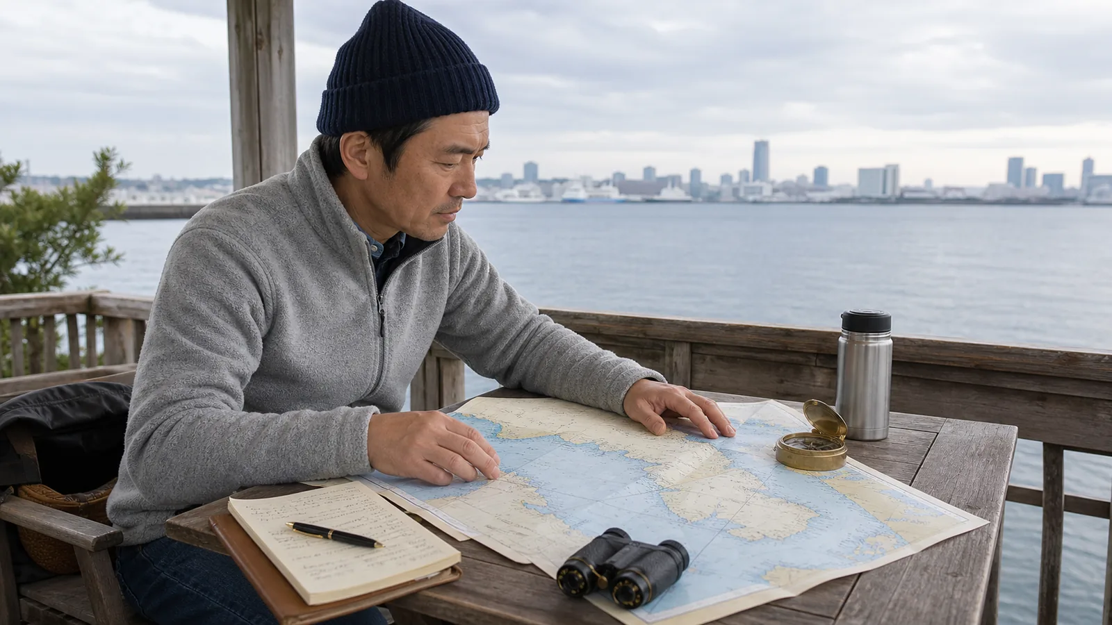 海辺のポーチで海図と真鍮の方位磁針・双眼鏡を広げ計画を立てる40代男性（海洋散骨を自分で行う準備のアイキャッチ）