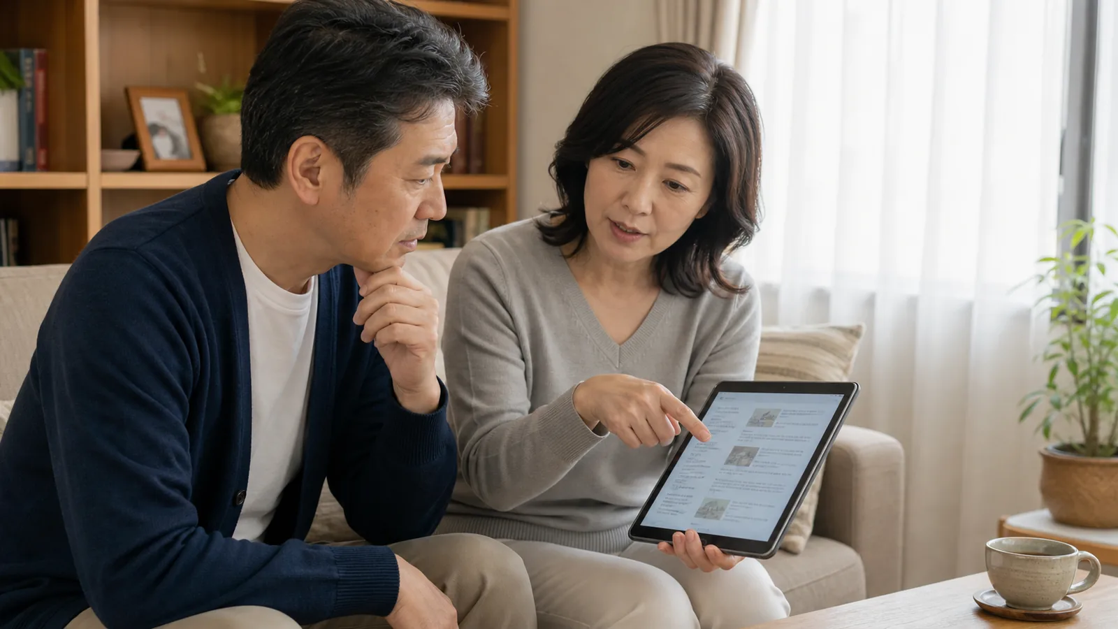 リビングのソファで一緒にタブレットを見ながら情報を確認する50代夫婦（海洋散骨のトラブル回避と慎重な準備のアイキャッチ）