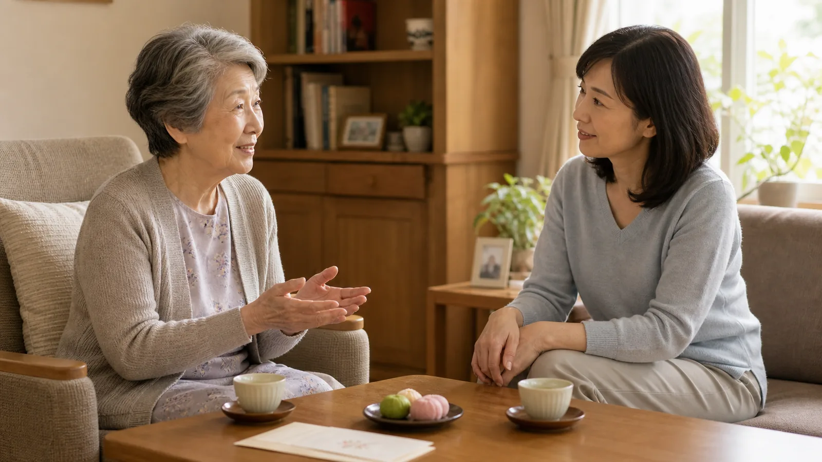 和室のリビングで茶と和菓子を囲み穏やかに対話する70代祖母と40代娘（散骨は「よくない」への中立解説のアイキャッチ）